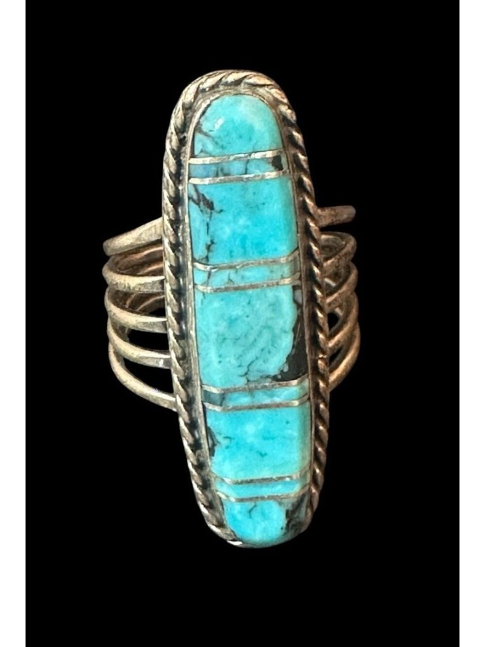 Vintage Navajo Sterling Silver Turquoise Channel Inlay Statement Ring